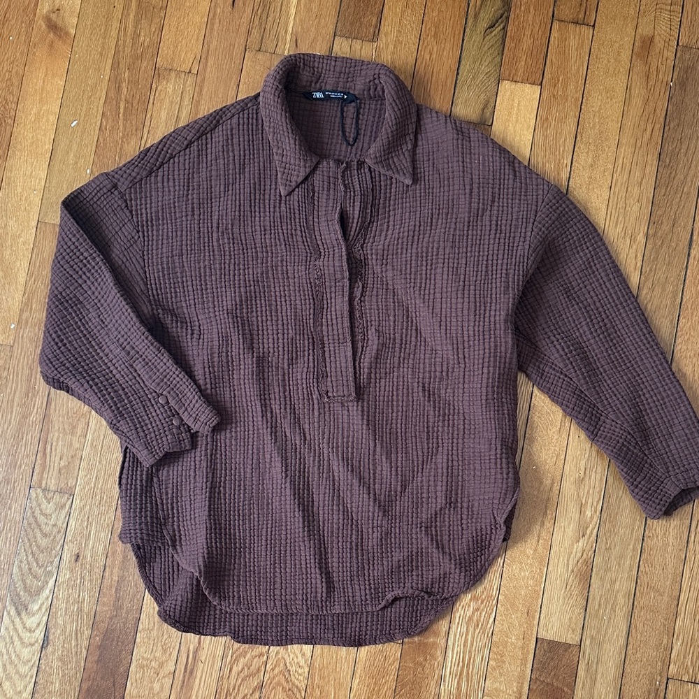 Zara Brown Textured Waffle-Knit Long Sleeve Blouse